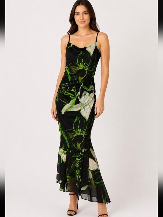 Siena Studio Dresses & Skirts - Siena Floral Maxi Dress Size 6 Black Green Ruched Spaghetti Strap Mermaid NWT